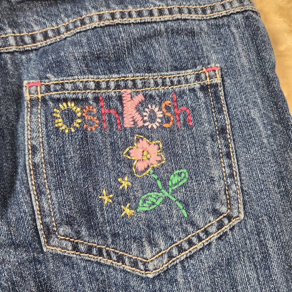Oshkosh Girls Embroidered Stitched Floral Patches Jeans Size 10 Adjustable Waist